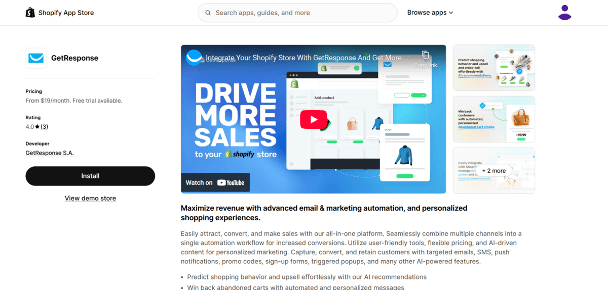 Getresponse app store page