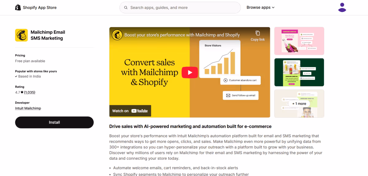 Mailchimp app store page