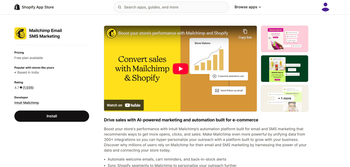 Mailchimp app store page