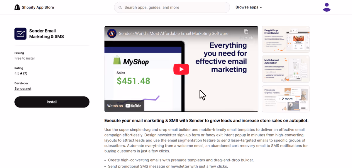 Sender app store page