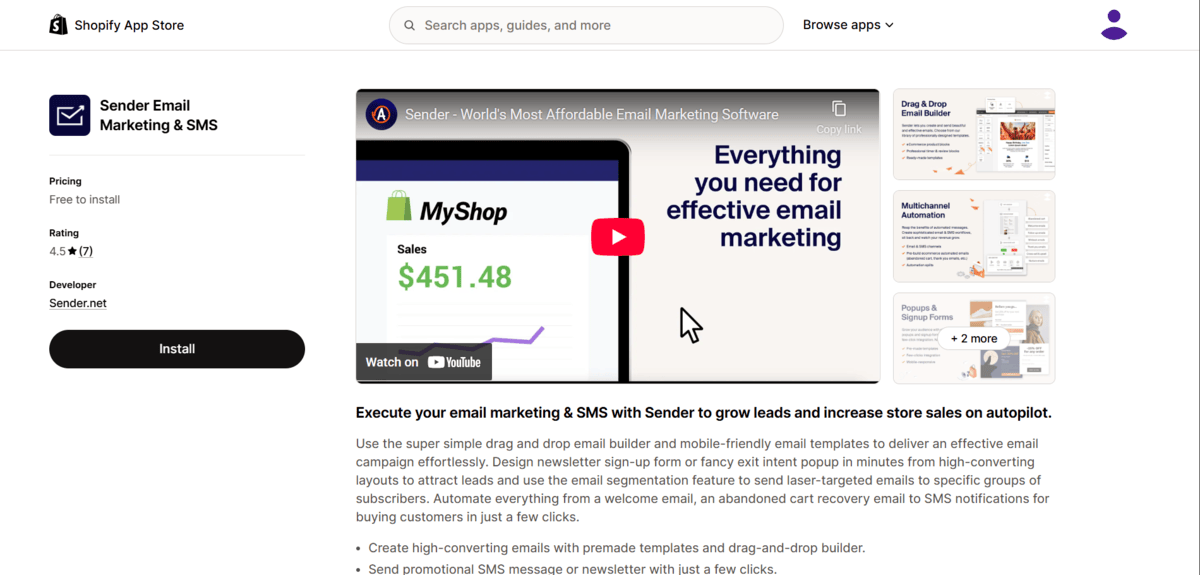 Sender app store page