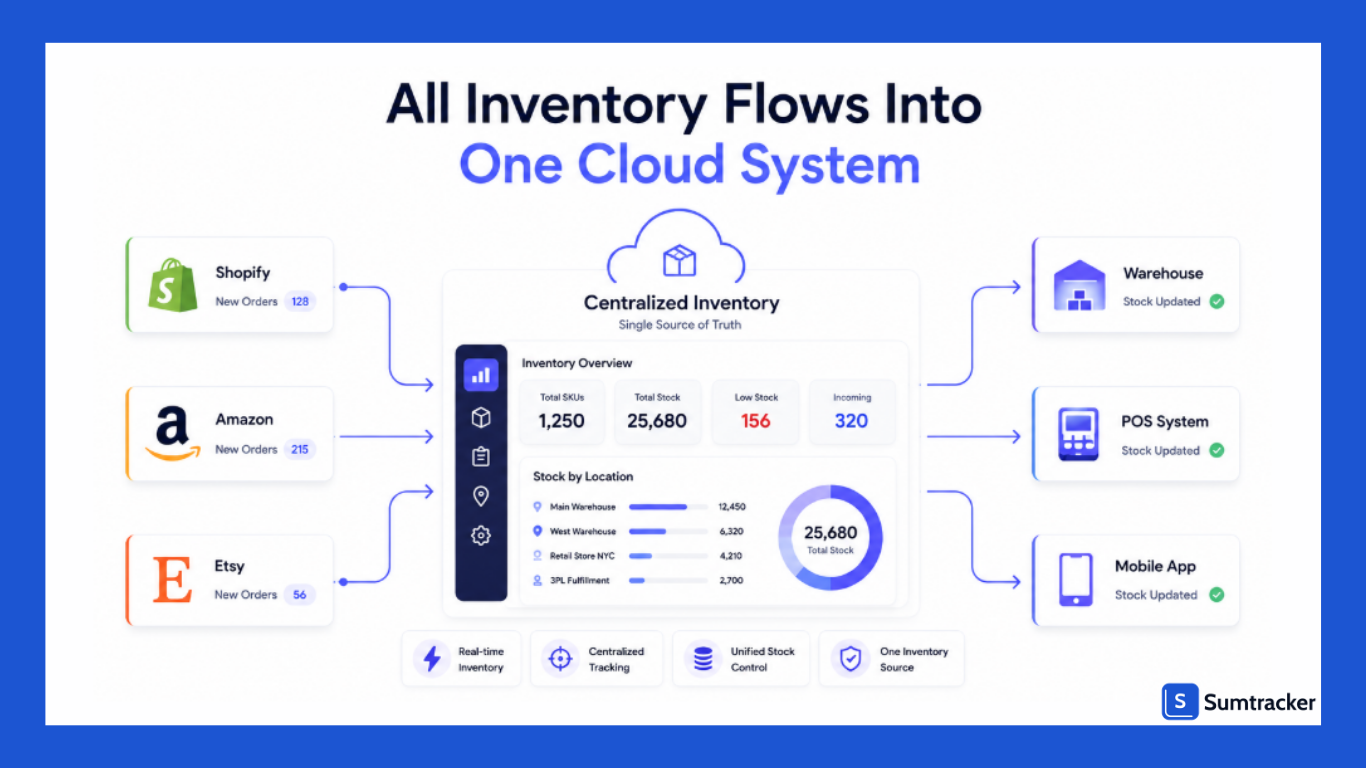 Centralized inventory dashboard syncing Shopify, Amazon, and Etsy stock in real time.