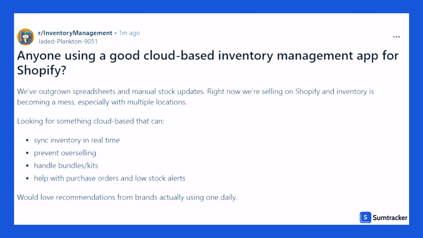 Reddit post asking for a Shopify cloud inventory management app recommendation.