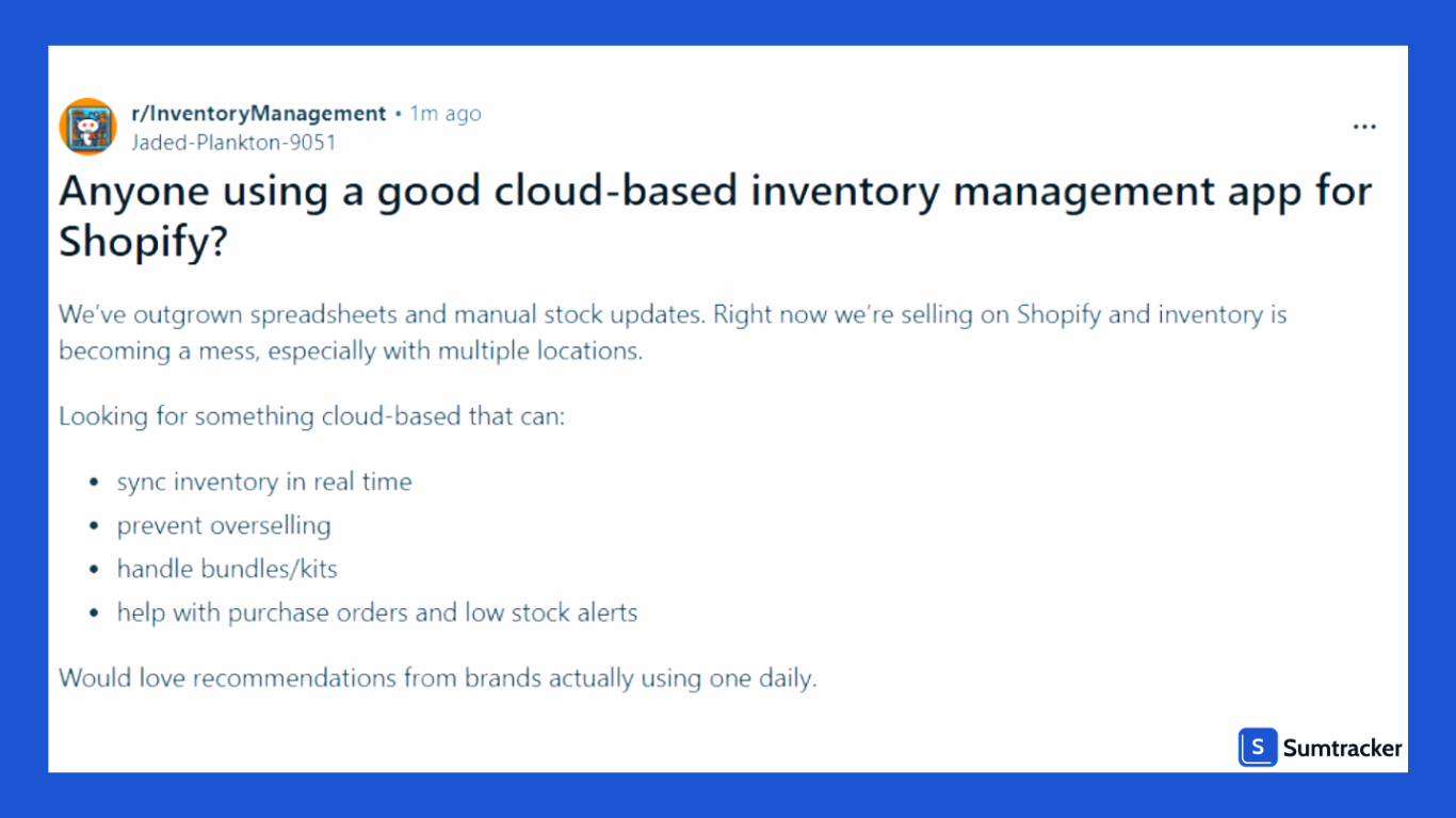 Reddit post asking for a Shopify cloud inventory management app recommendation.