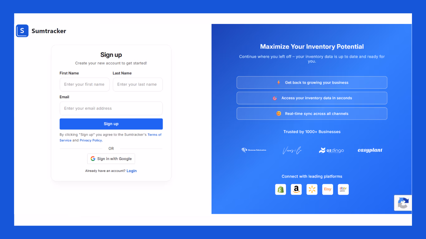 Sumtracker sign up page