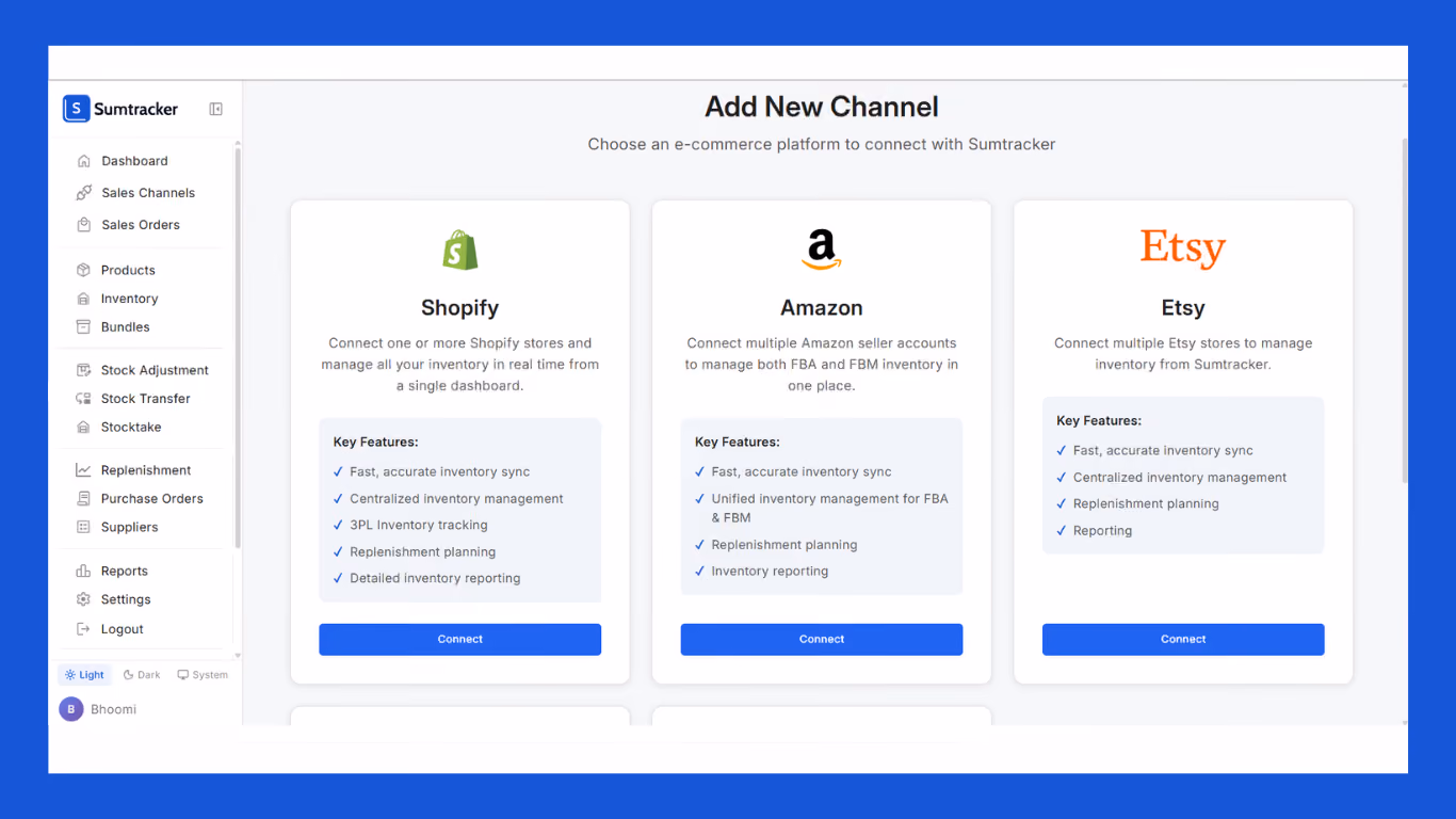 Connect channel in Sumtracker inventory app