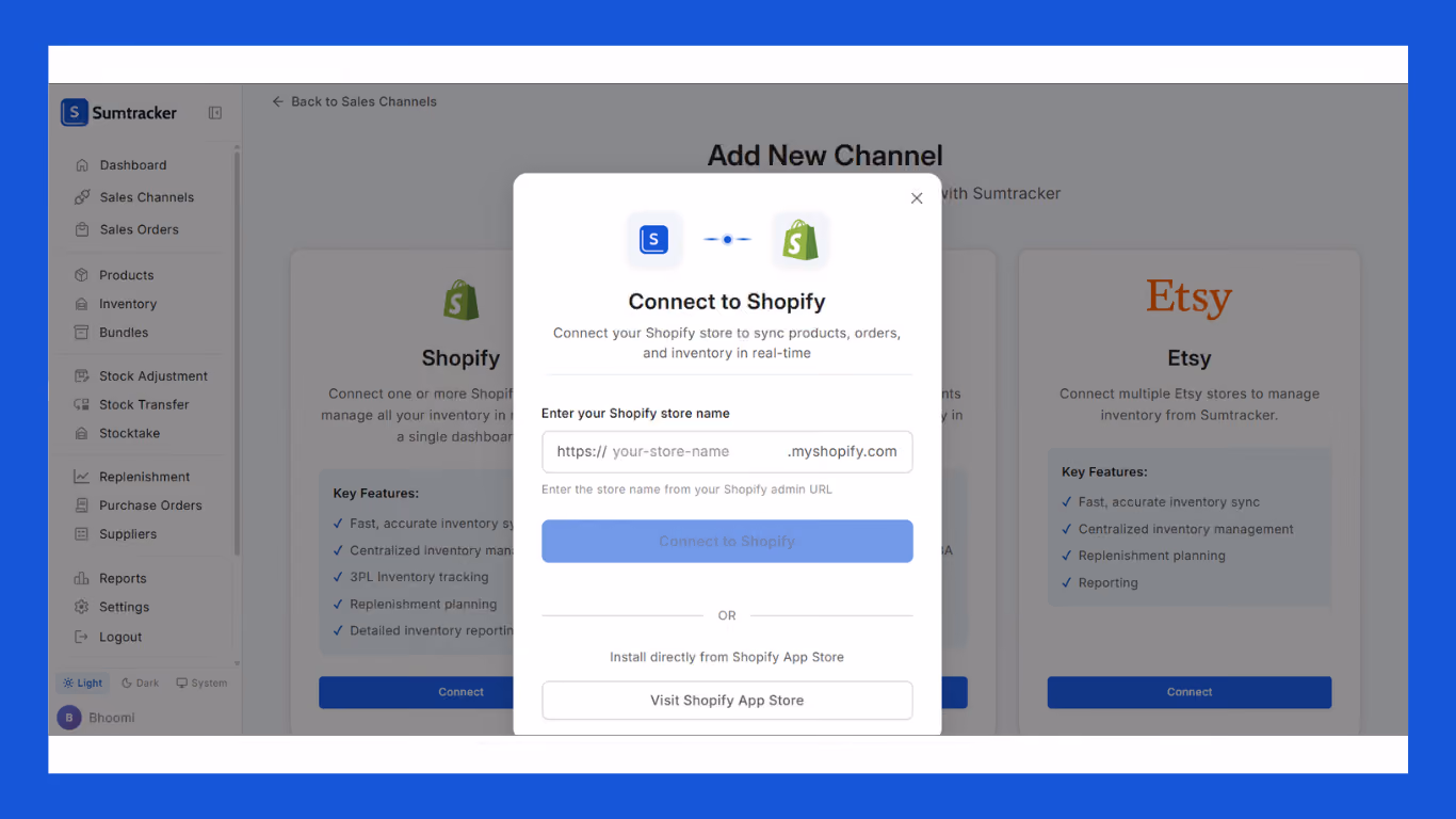Add Shopify store in Sumtracker app