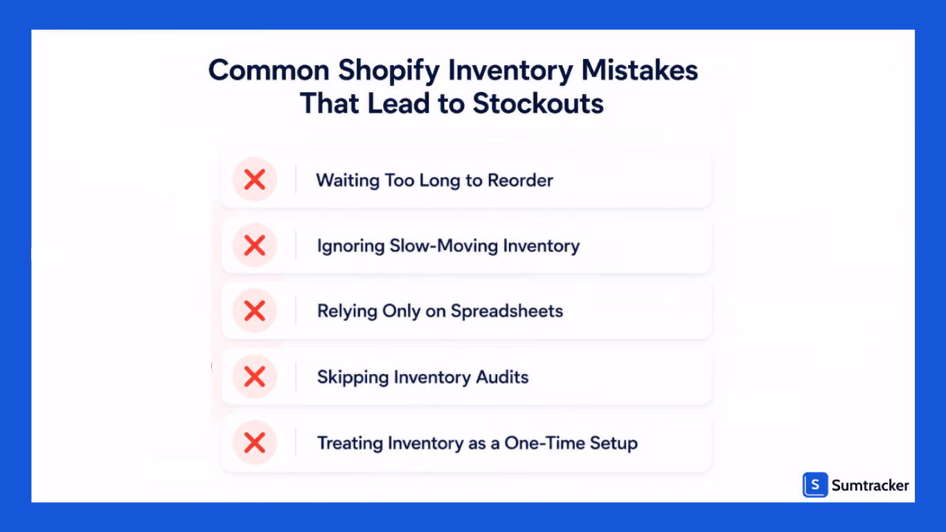 Common Shopify inventory mistakes including late reordering and skipped inventory audits.