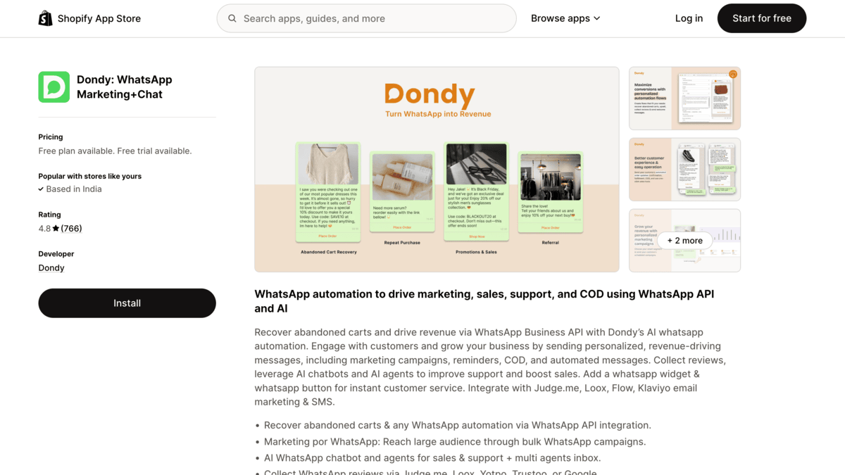 Dondy Shopify app store page