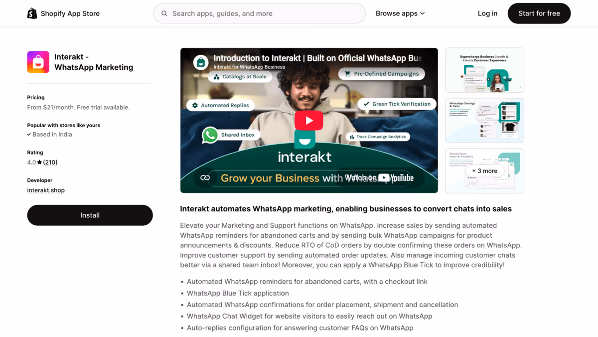 Interakt Shopify app store page