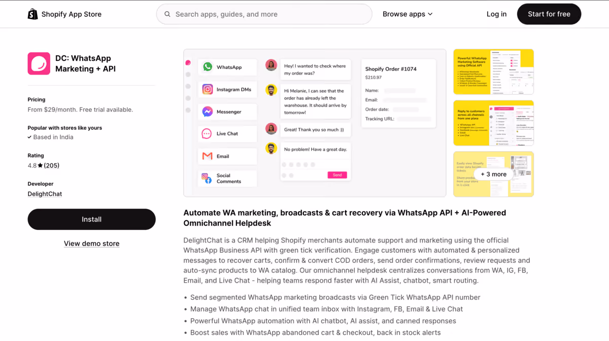 Delightchat Shopify app store page
