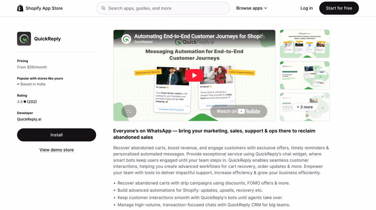 Quickreply Shopify app store page