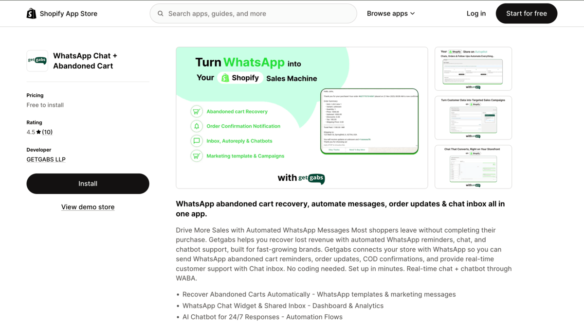 Getgabs Shopify app store page