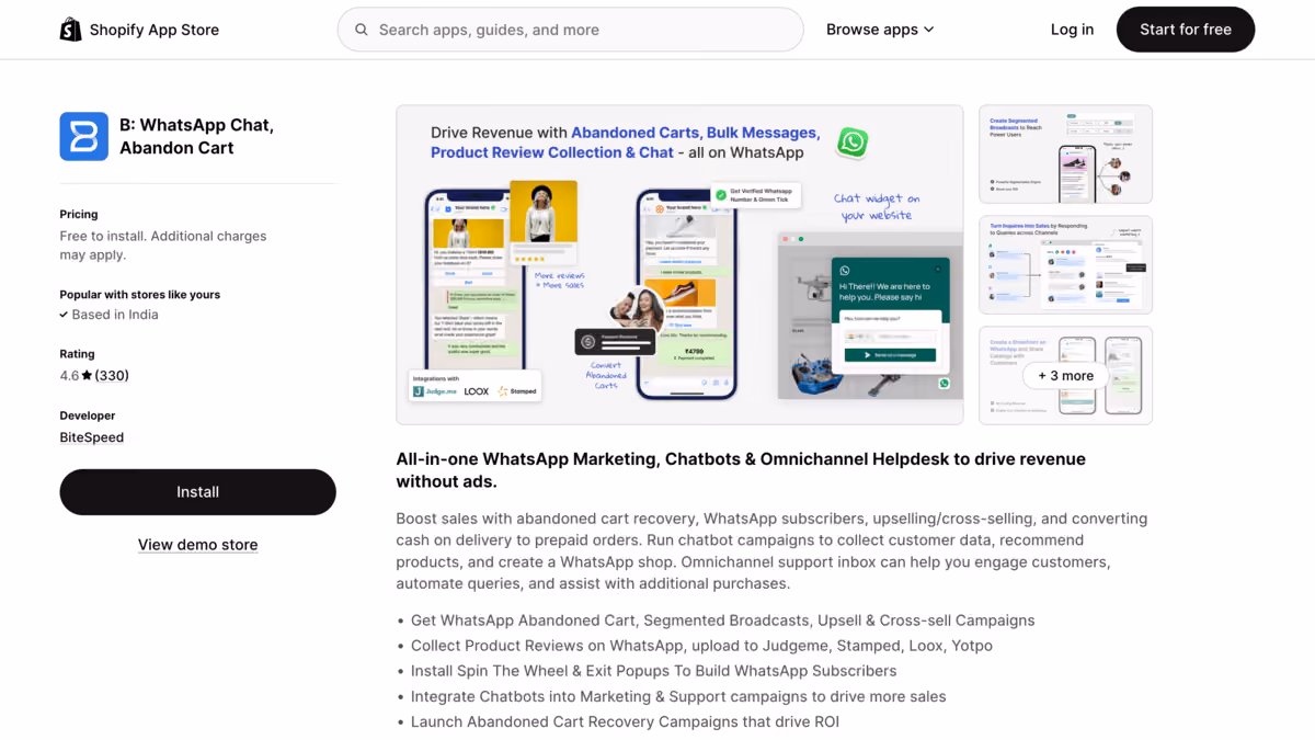 Bitespeed Shopify app store page