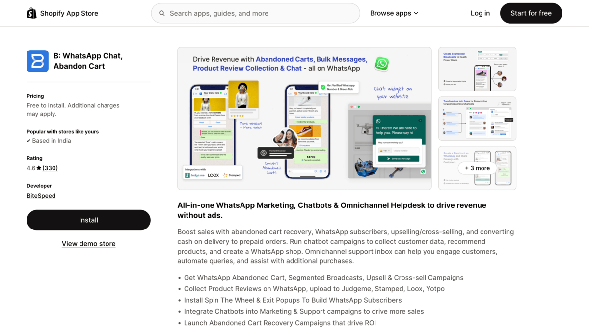 Bitespeed Shopify app store page
