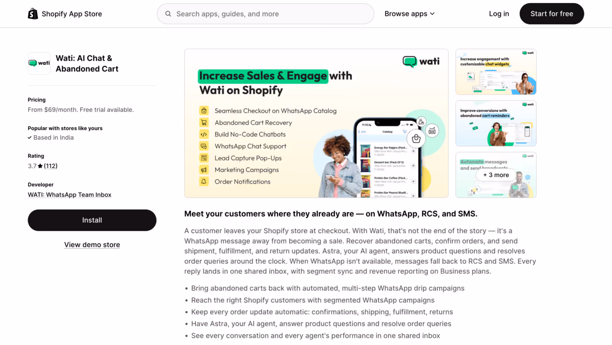 Wati Shopify app store page