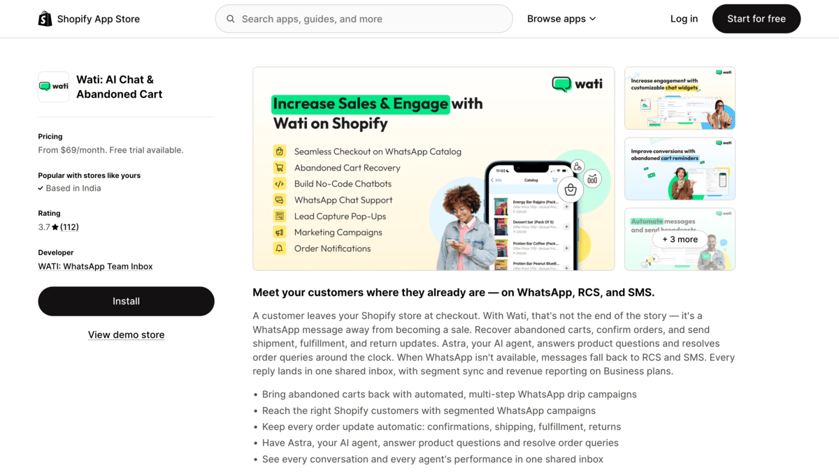 Wati Shopify app store page