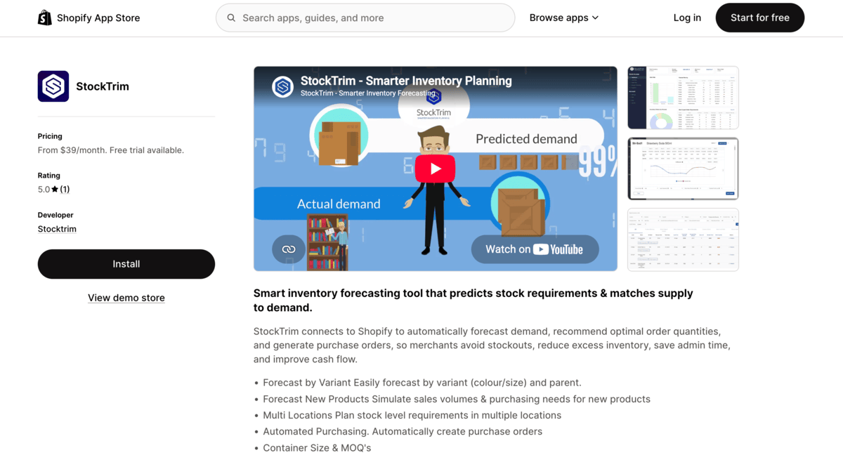 Stocktrim Shopify app store page