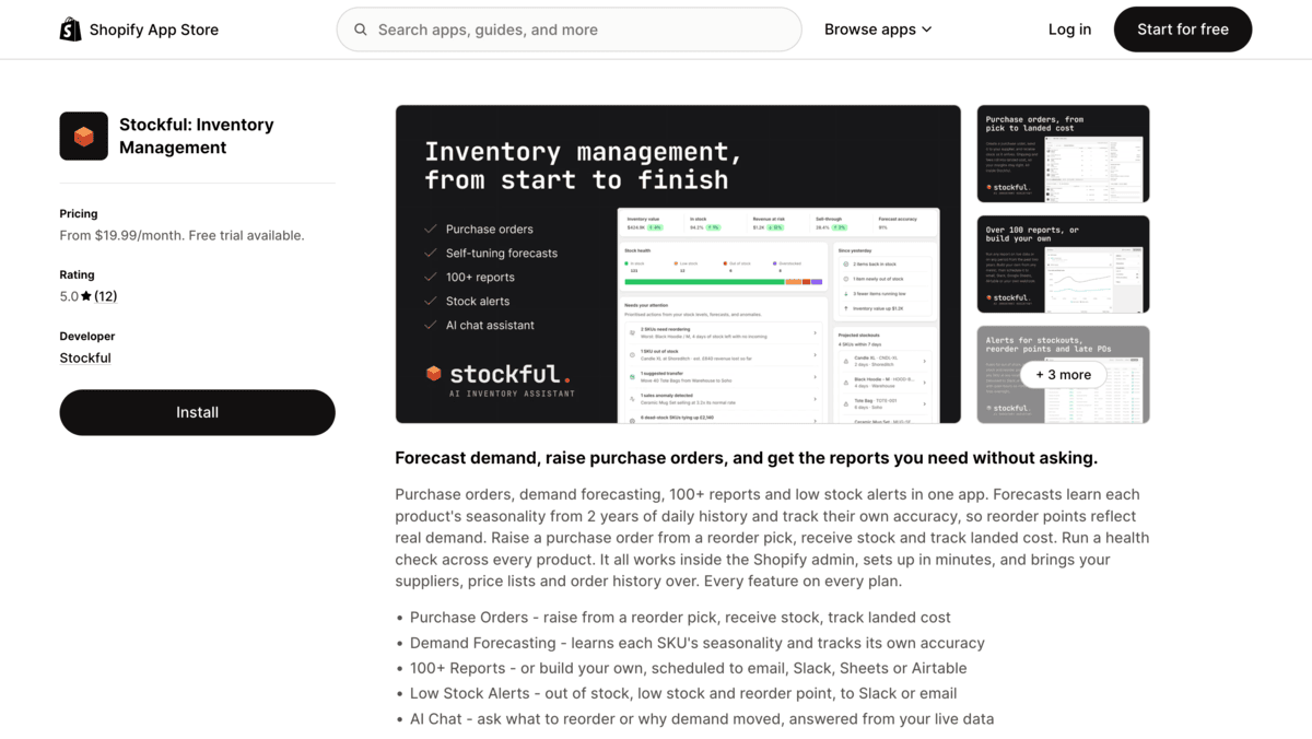 Stockful Shopify app store page