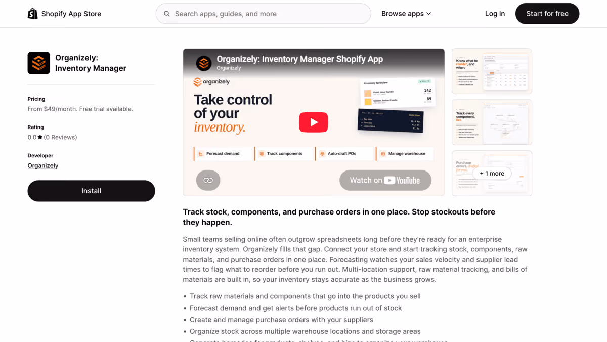 Organizely Shopify app store page
