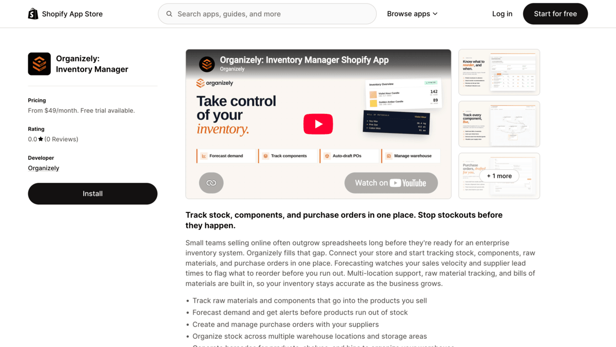 Organizely Shopify app store page