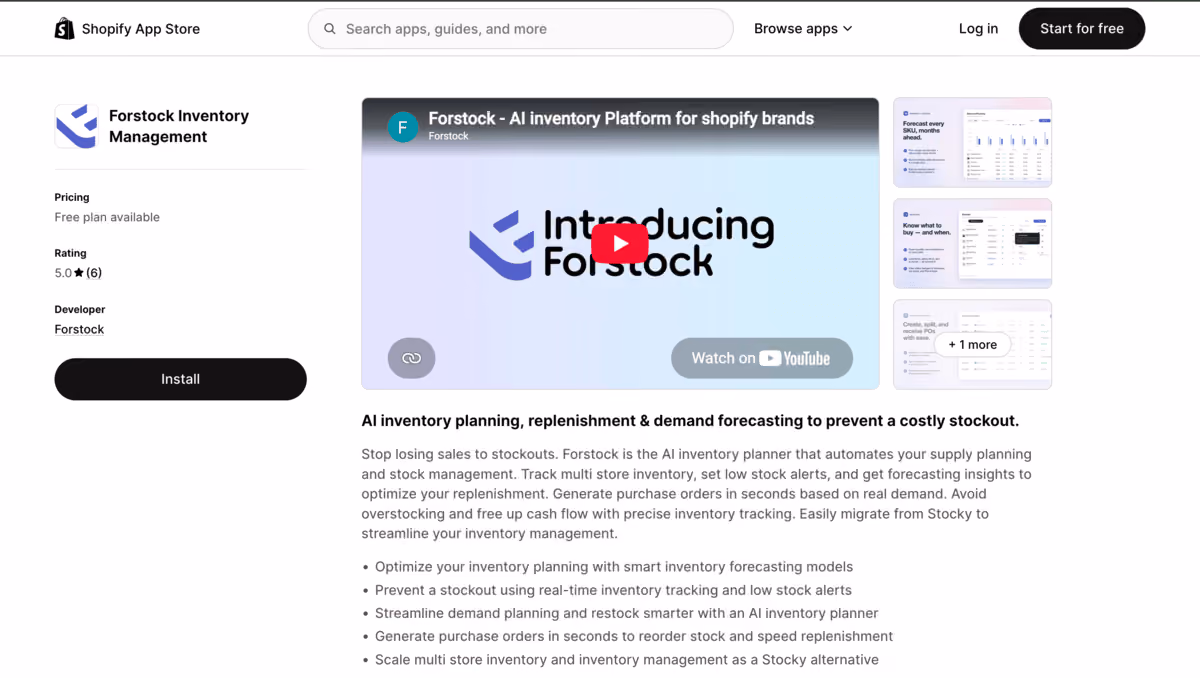 Forstock Shopify app store page