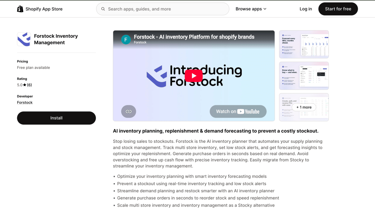 Forstock Shopify app store page