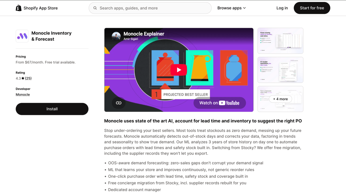 Monocle Shopify app store page