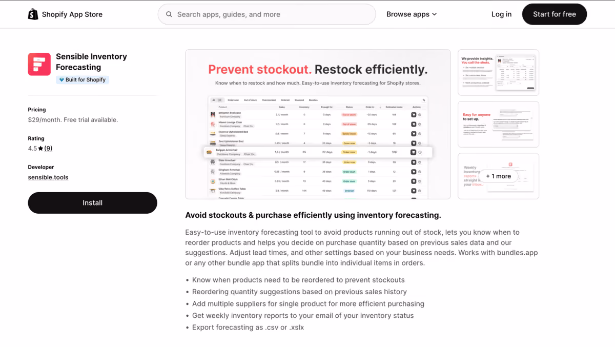 Sensible Shopify app store page