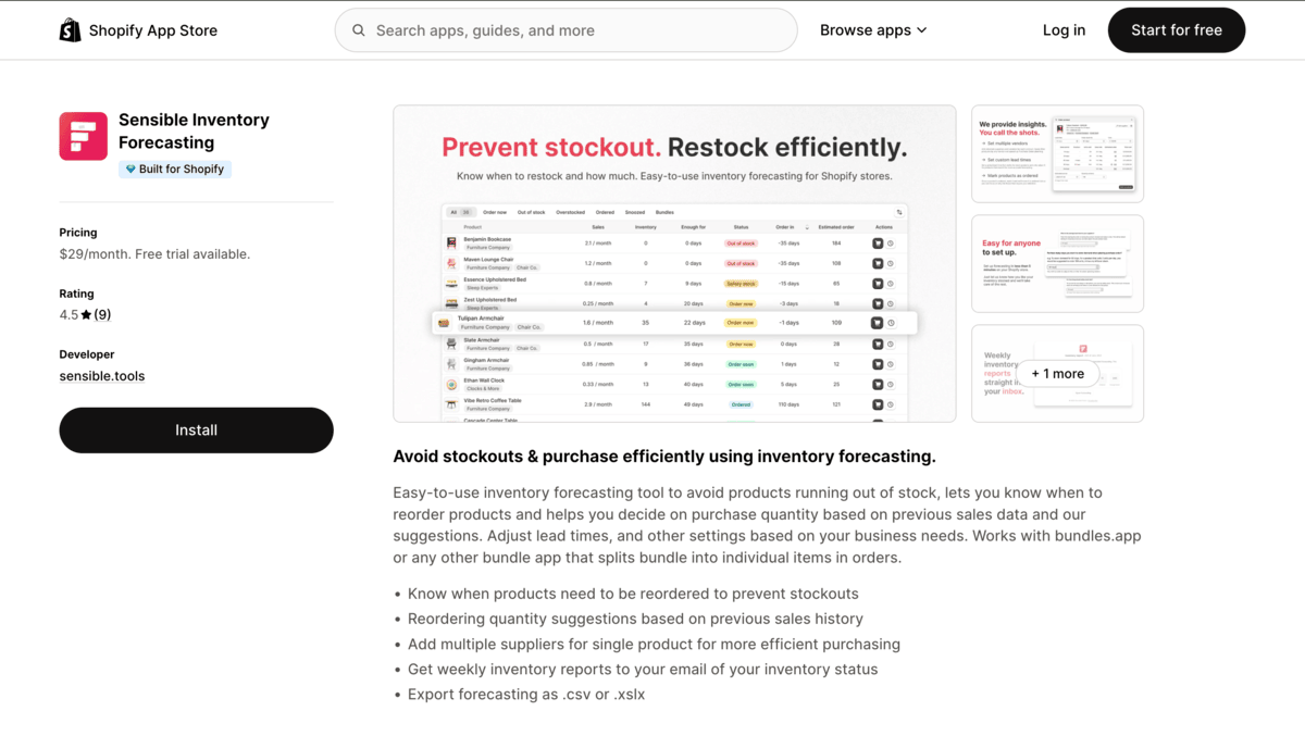 Sensible Shopify app store page