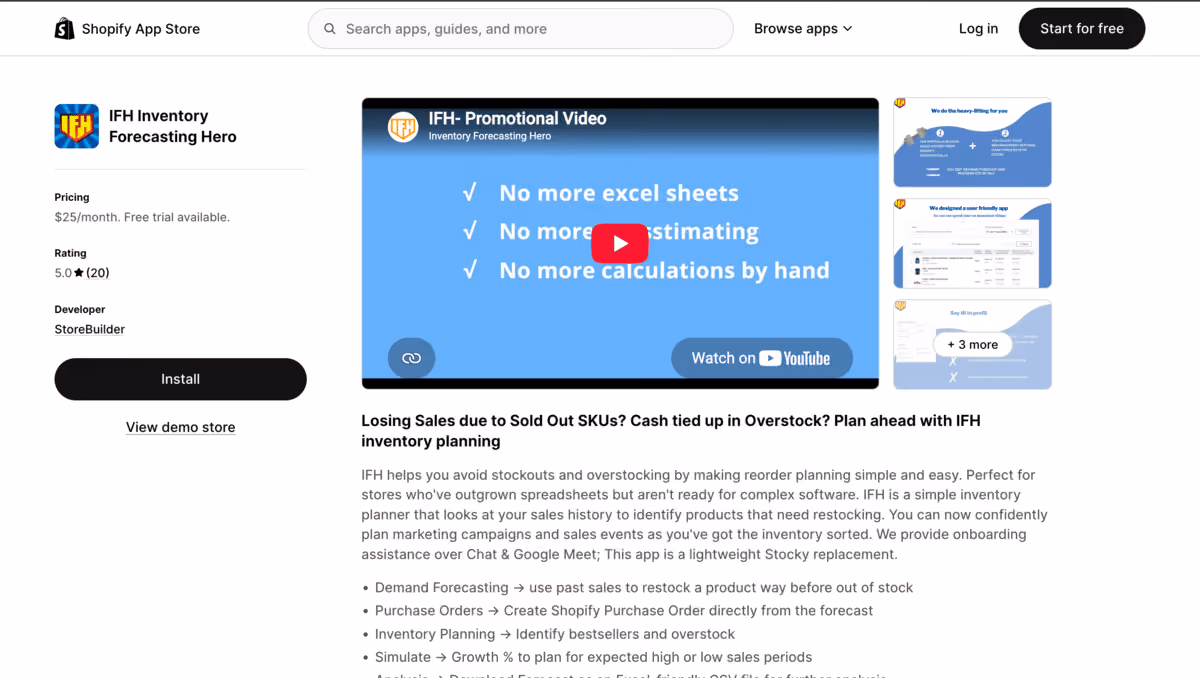 Inventory forecasting hero Shopify app store page