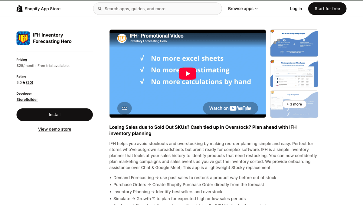 Inventory forecasting hero Shopify app store page