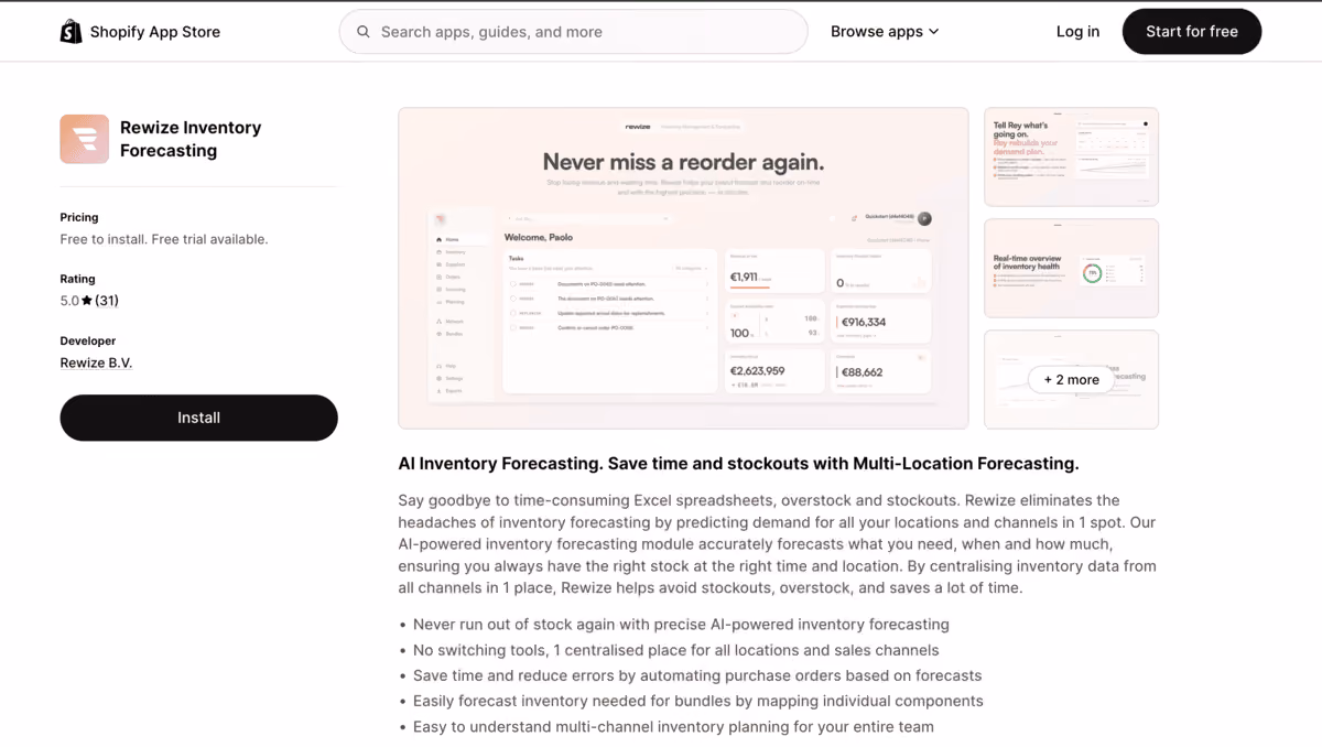 Rewize Shopify app store page