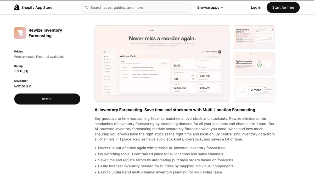 Rewize Shopify app store page