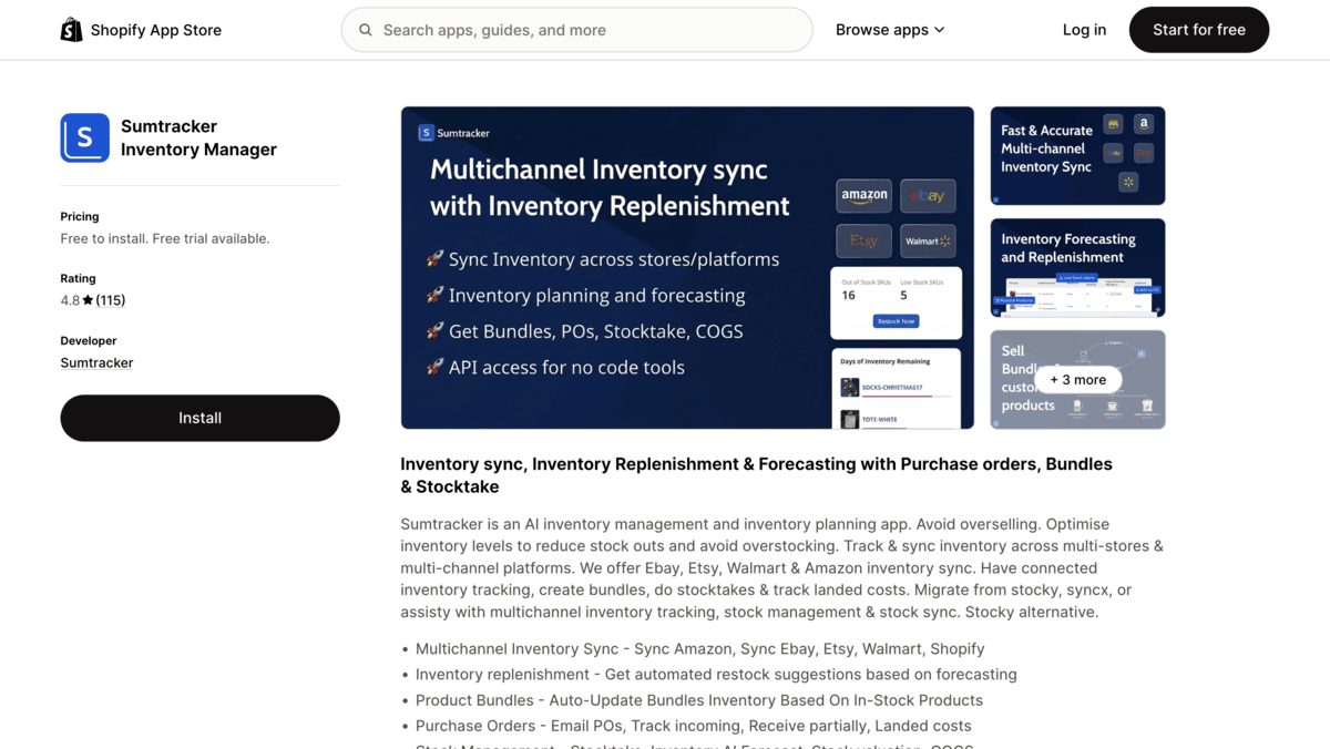 Sumtracker Shopify app store page