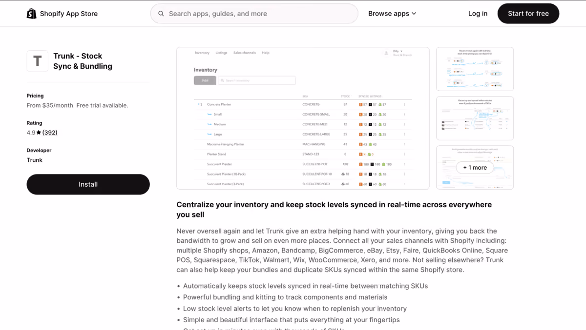 Trunk shopify app store listing page