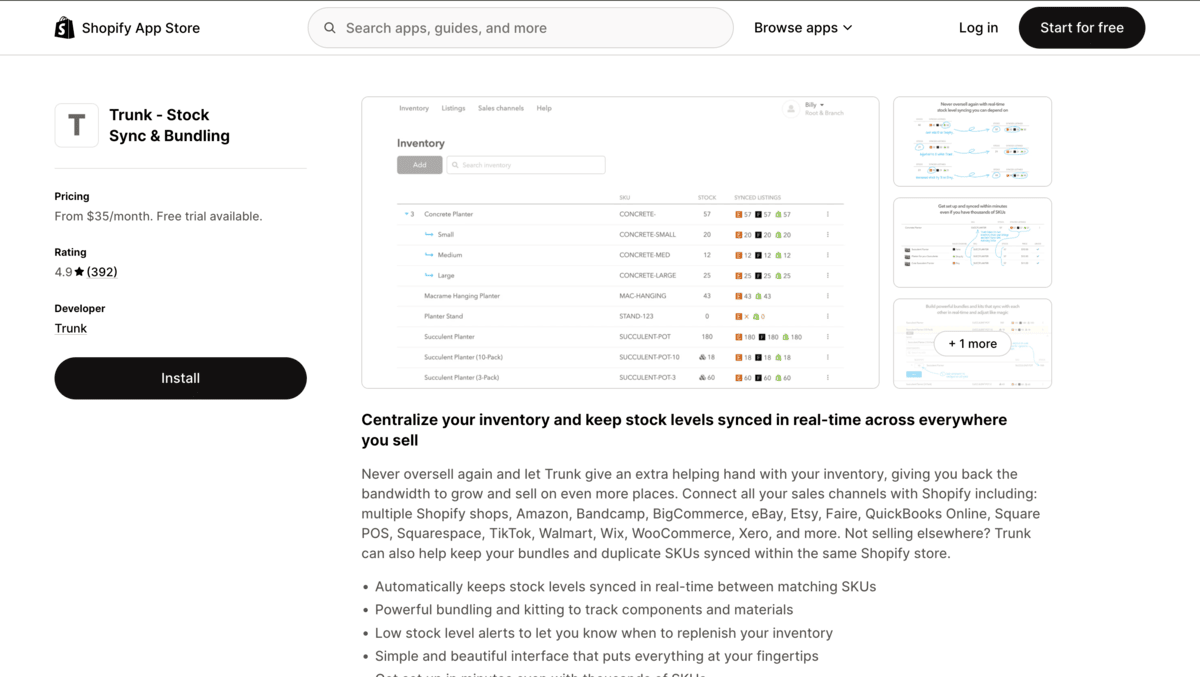 Trunk shopify app store listing page
