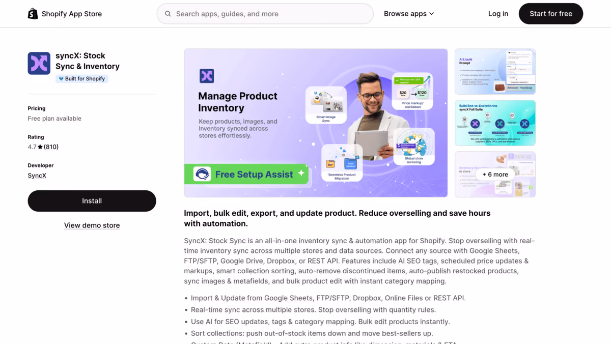 SyncX shopify app store listing page