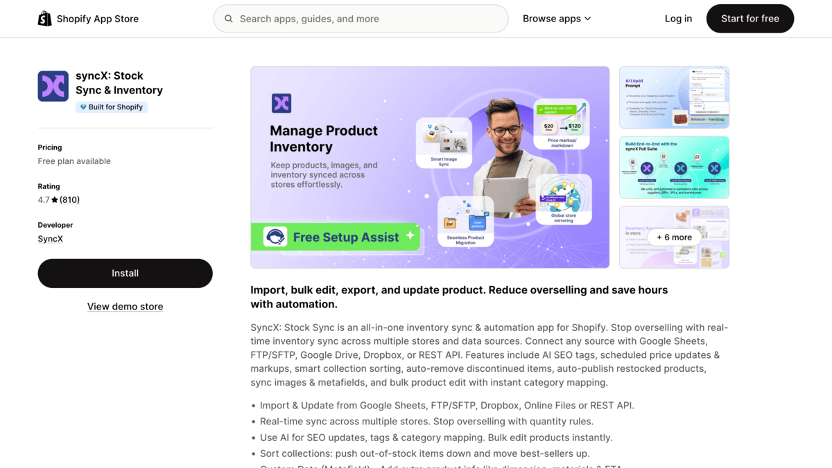 SyncX shopify app store listing page
