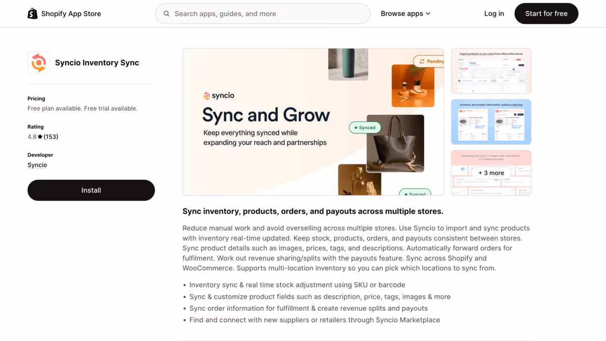 Syncio shopify app store listing page