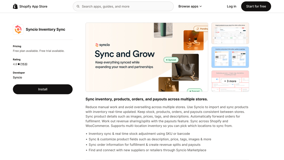 Syncio shopify app store listing page