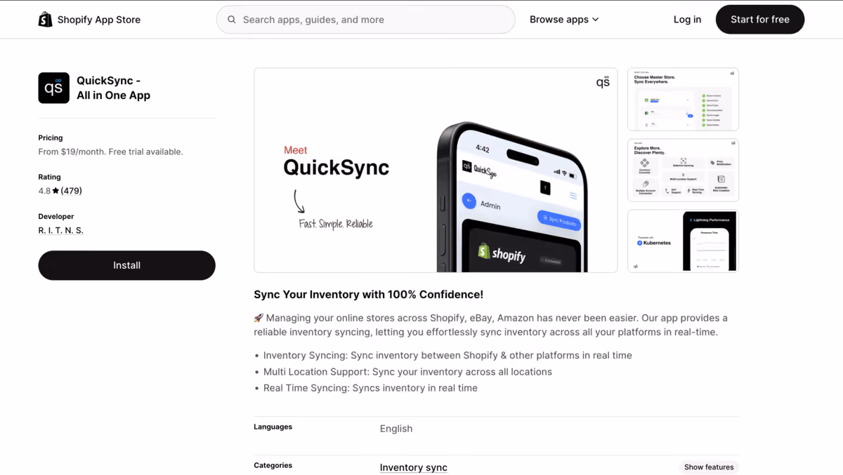 QuickSync shopify app store listing page