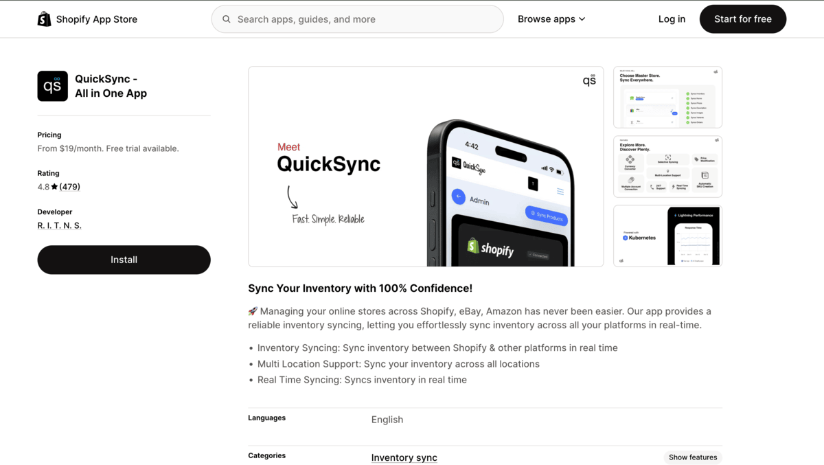 QuickSync shopify app store listing page