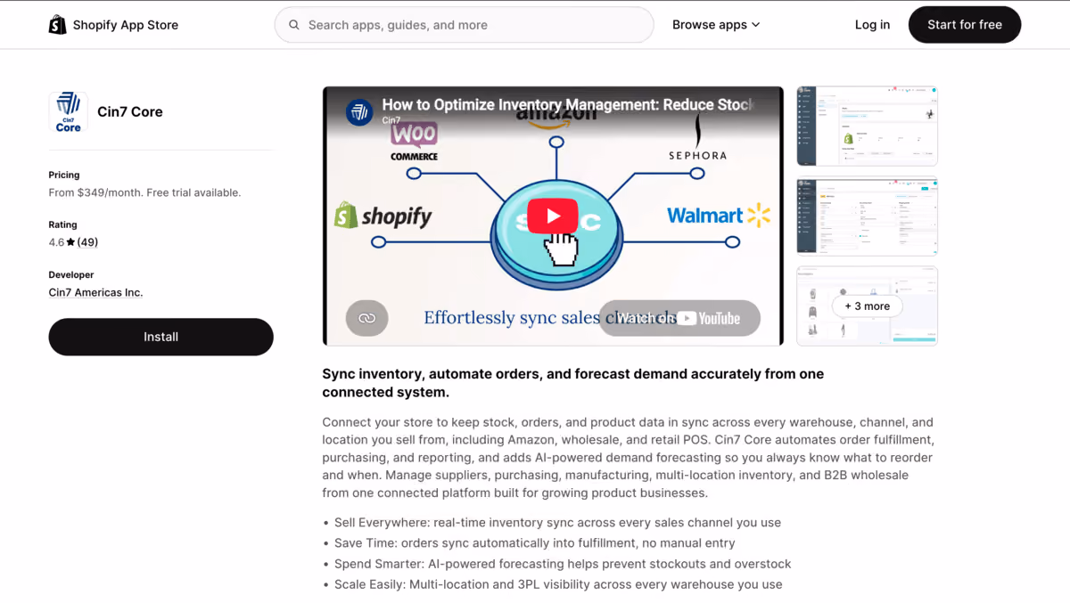 Cin7 core shopify app store listing page