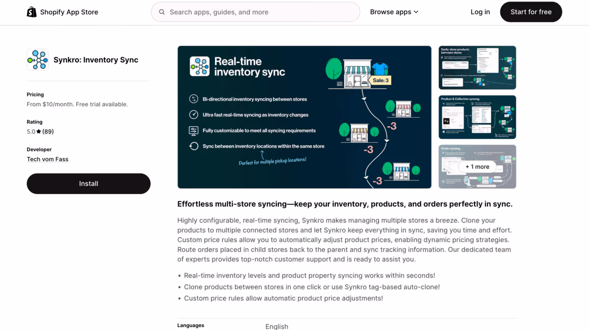 Synkro shopify app store listing page