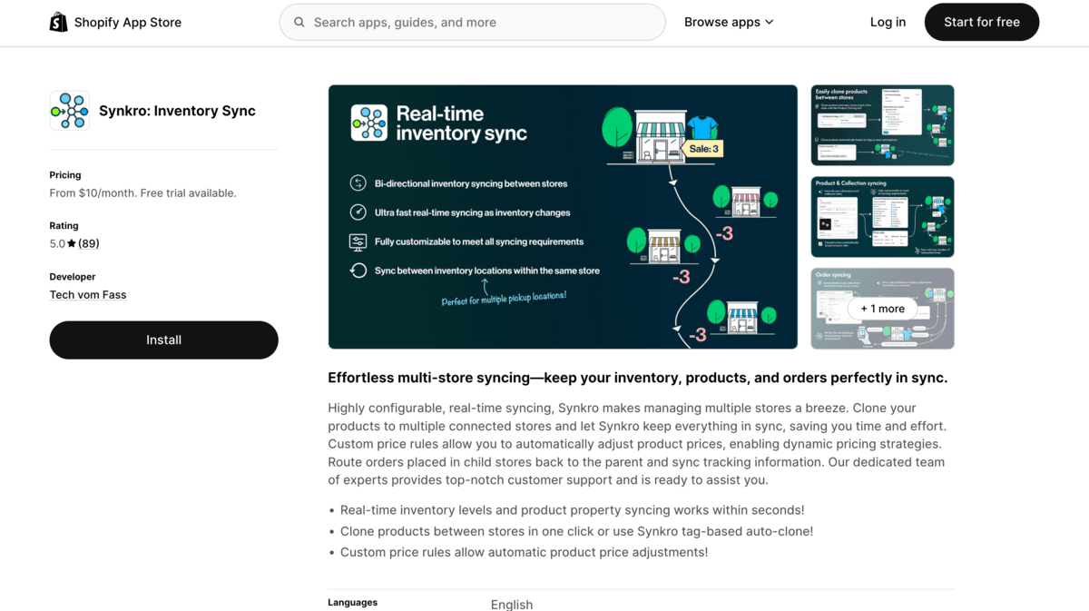 Synkro shopify app store listing page