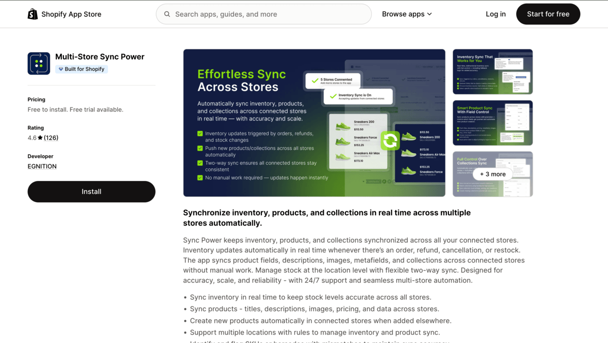 Multi store sync power shopify app store listing page