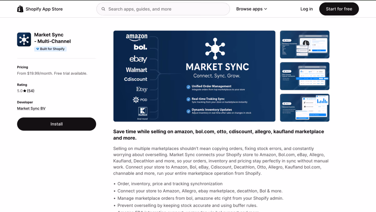Market Sync shopify app store listing page