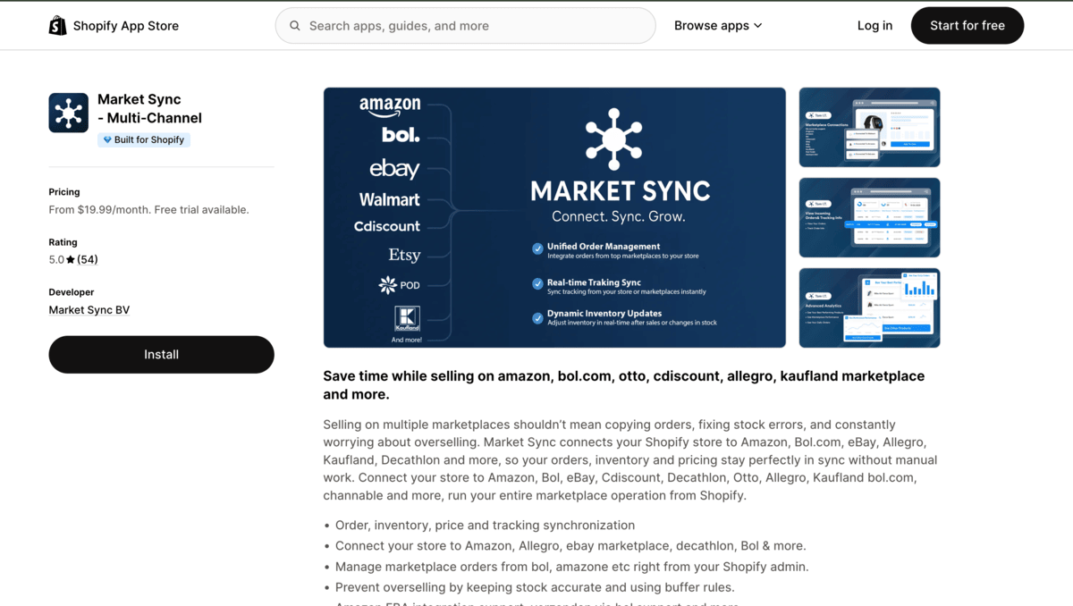 Market Sync shopify app store listing page