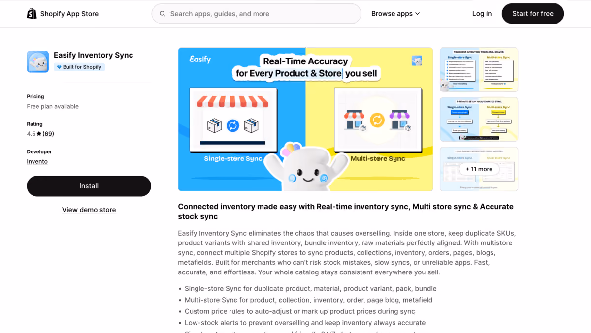 Easify shopify app store listing page